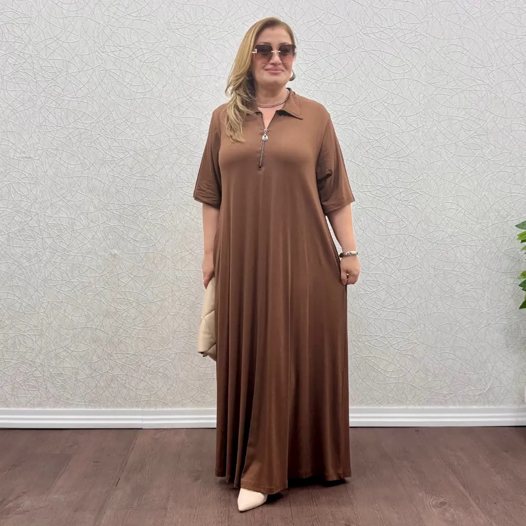 Kısakol Tam Boy Fermuarlı Elbise · Kahverengi