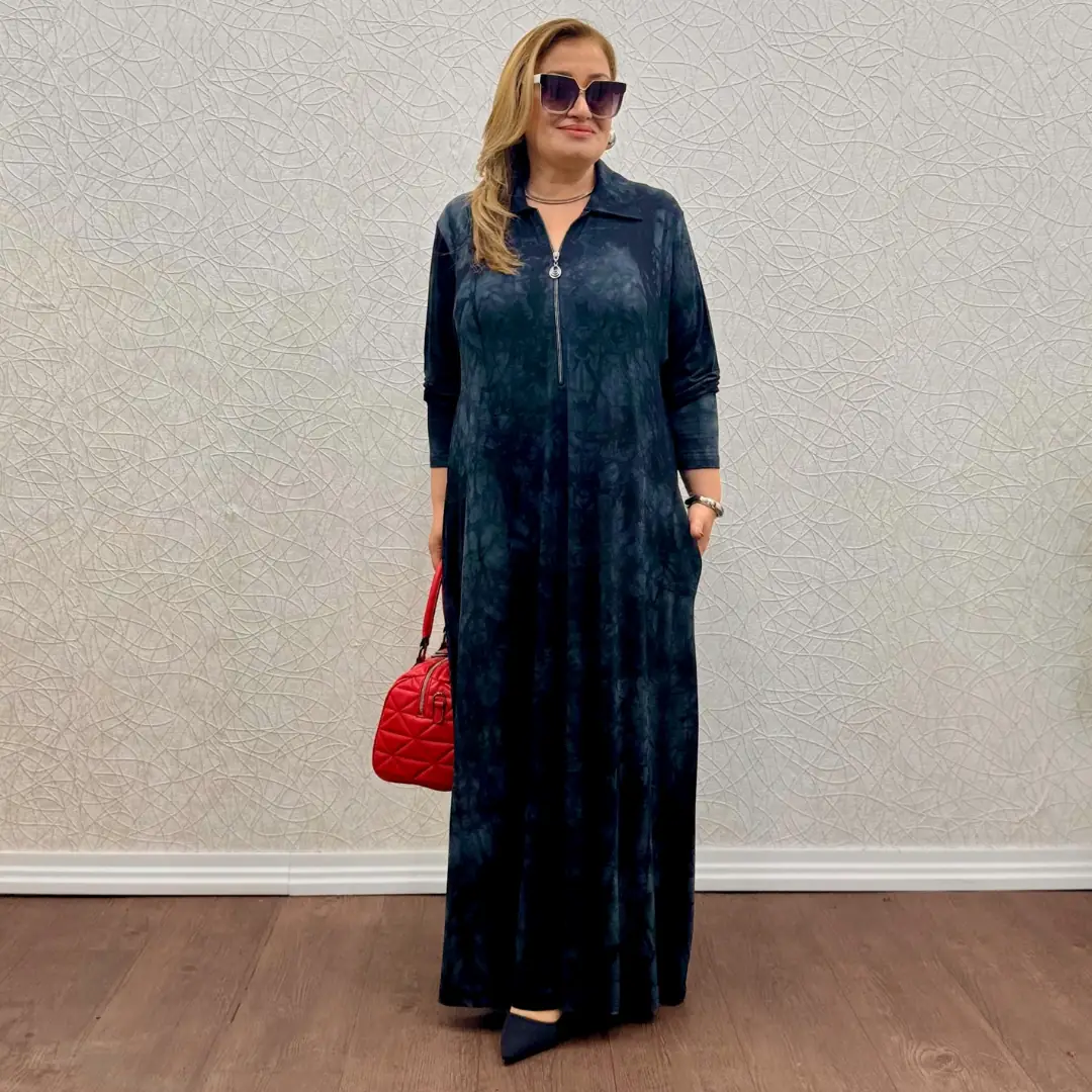 Batik Desen Tesettür Fermuarlı Elbise — Siyah — görsel 3