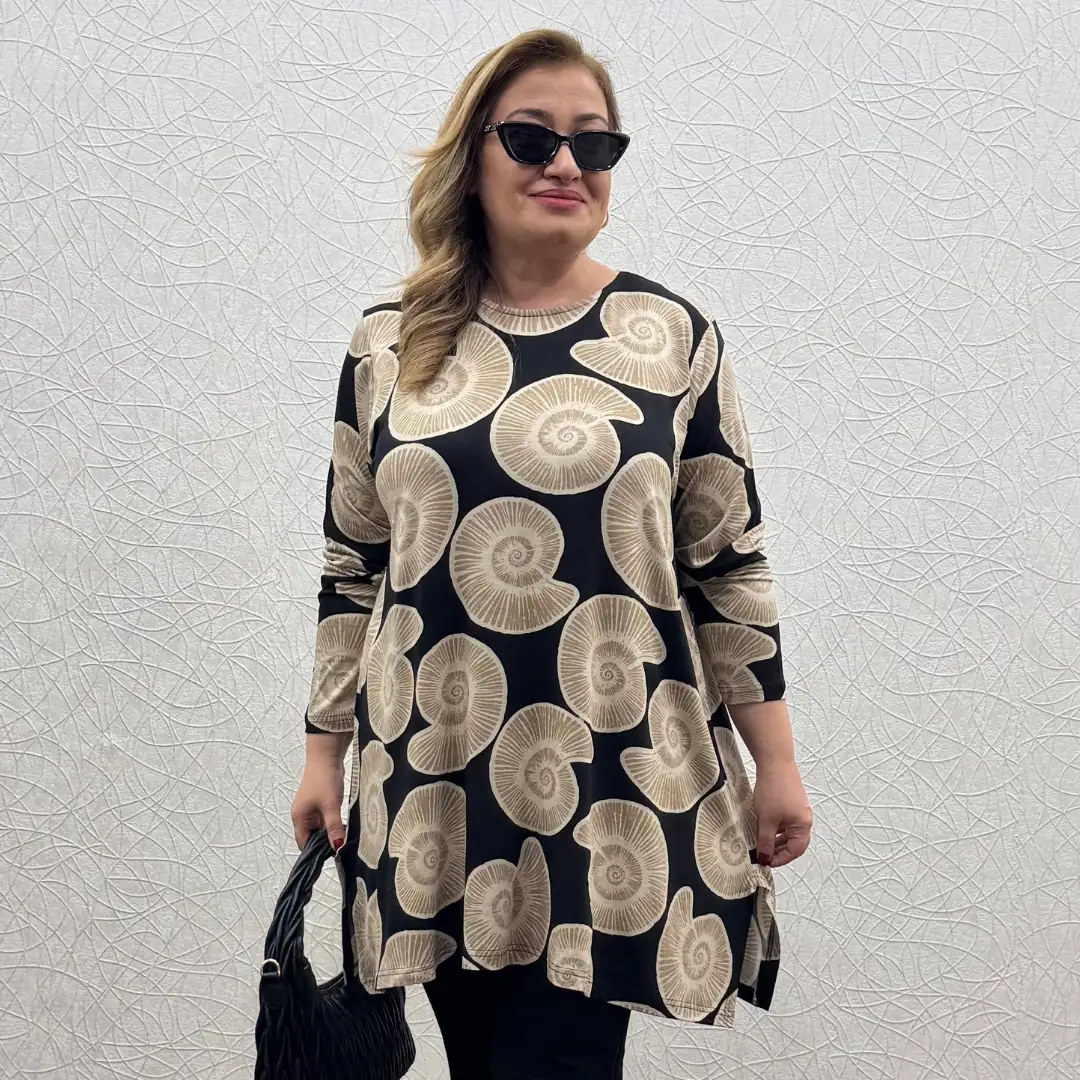 Büyük Beden Likralı Penye Salaş Tunik · Siyah Desenli