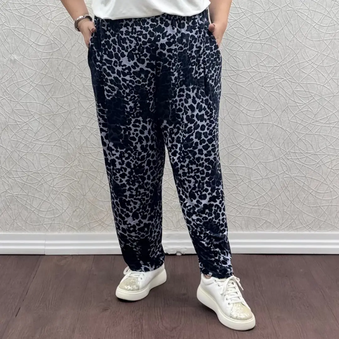 Likralı Penye Şalvar Pantolon — Gri Leopar — görsel 3