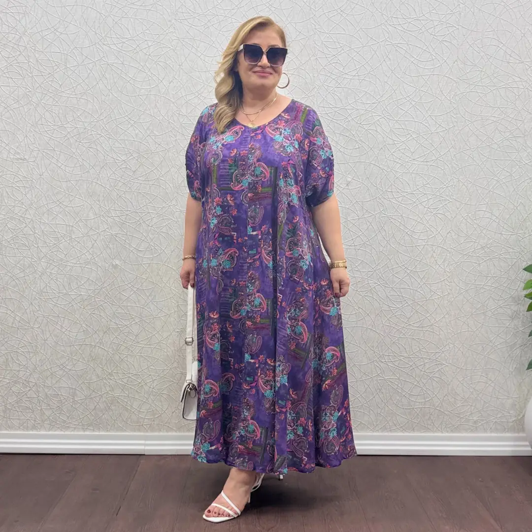 Kolları Büzgülü Elbise · Eflatun Çiçek Desen