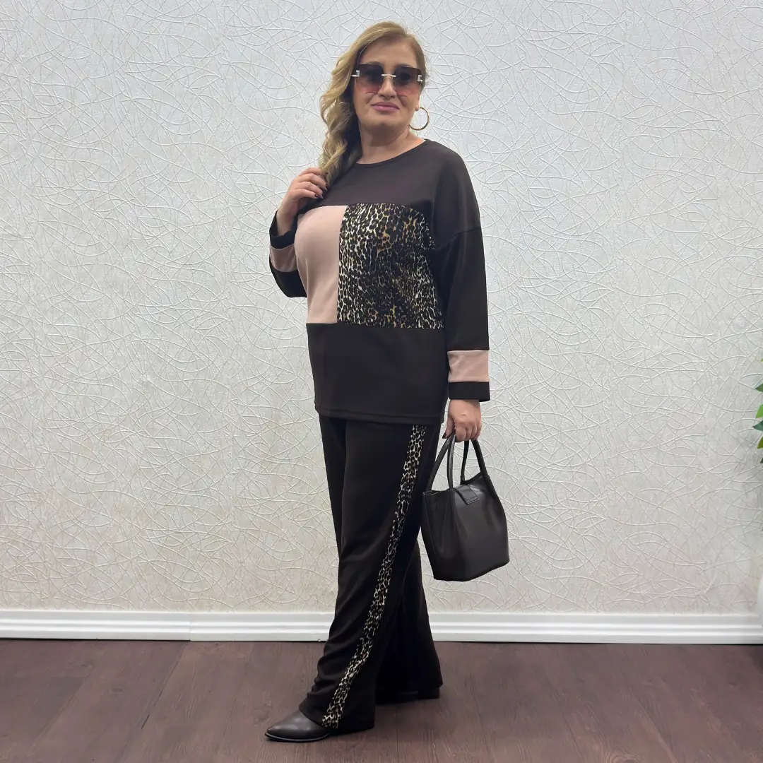 Büyük Beden Leopar Garni Detaylı Likralı İkili Takım