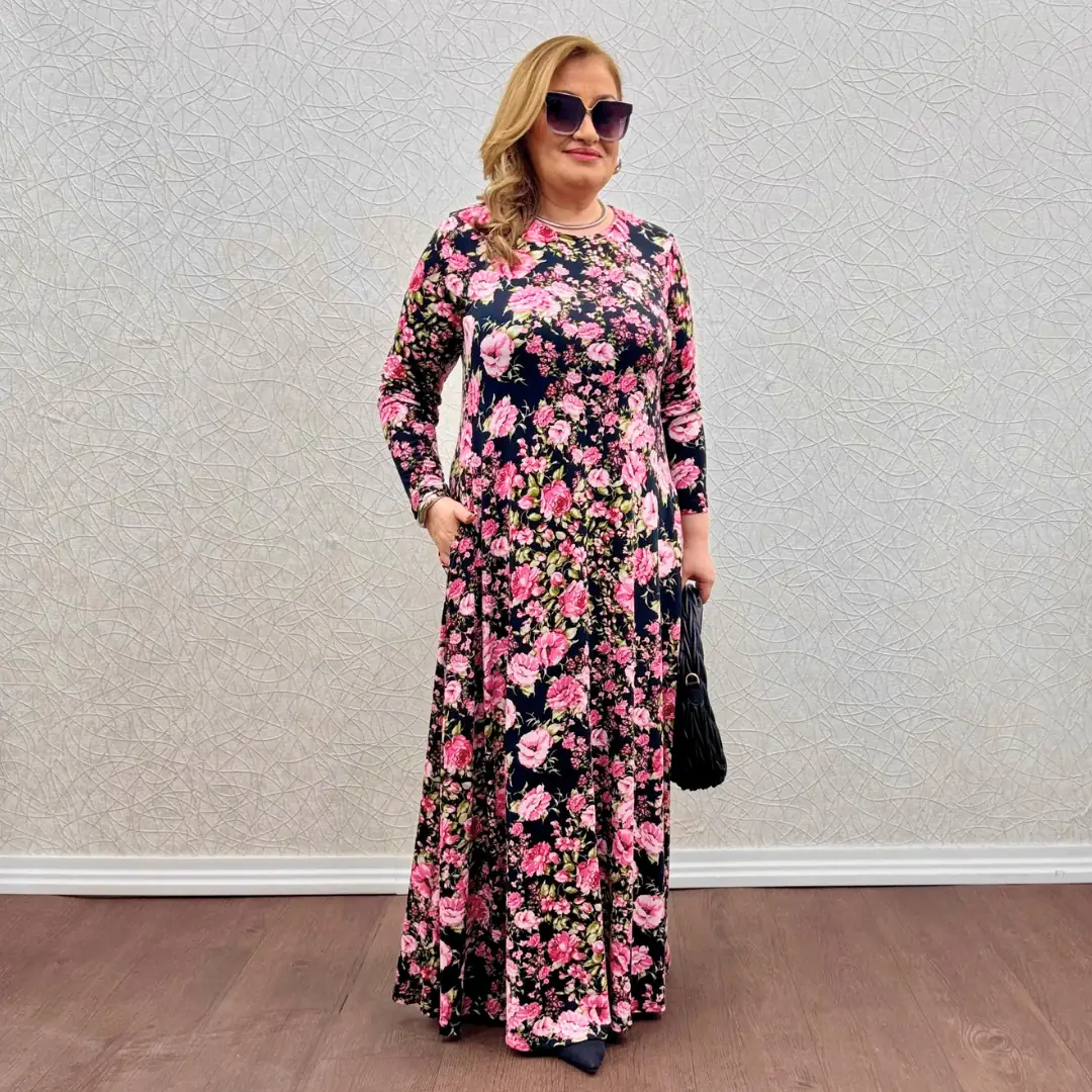 Likralı Tam Boy Elbise — Pembe Çiçek Desen — görsel 3