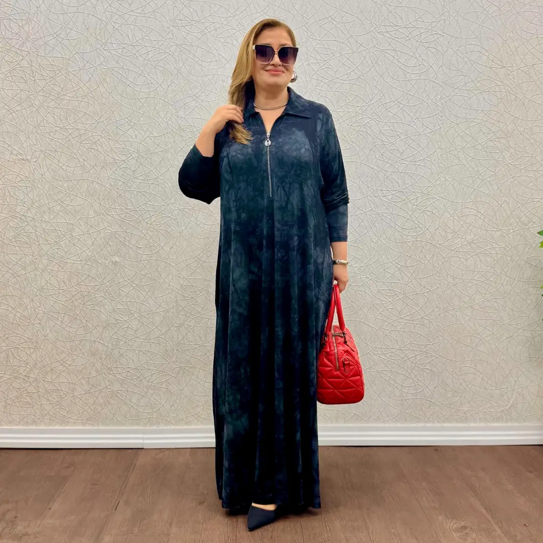 Batik Desen Tesettür Fermuarlı Elbise — Siyah — görsel 2