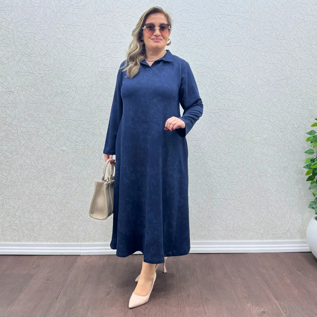Büyük Beden Likralı Polo Yaka Elbise — Lacivert — görsel 2