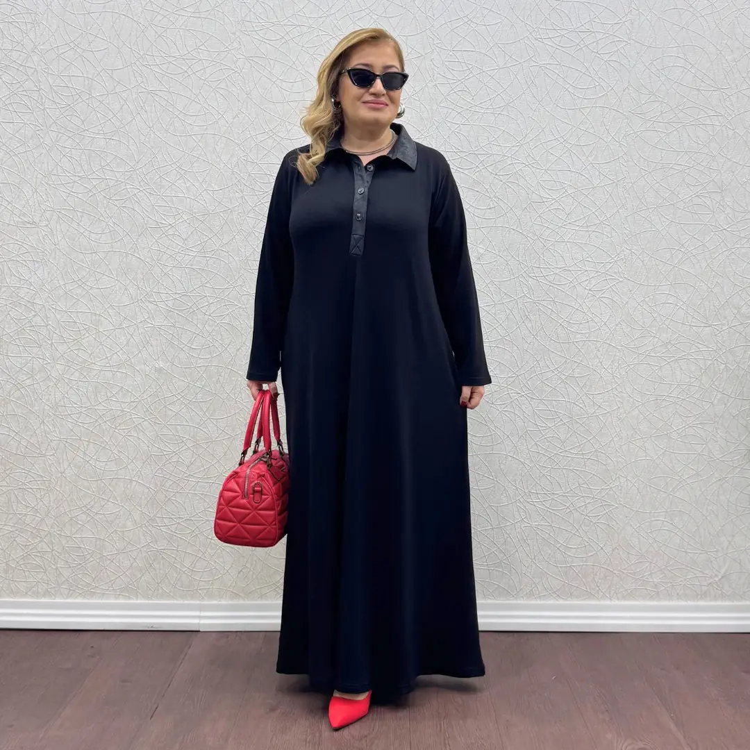 Büyük Beden Likralı Yakalı Tam Boy Elbise · Siyah