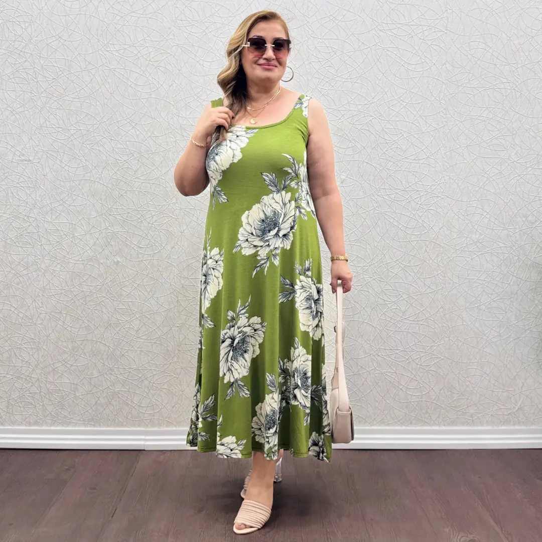Likralı Kolsuz Penye Elbise — Yağ Yeşili Gül Desen — görsel 2