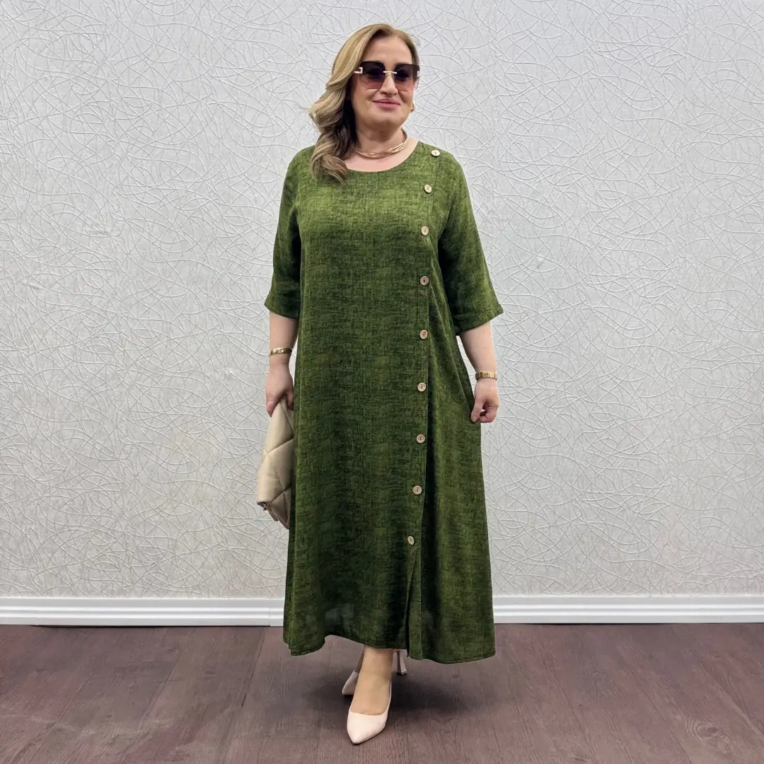 Yandan Düğmeli İthal Keten Elbise · Yeşil
