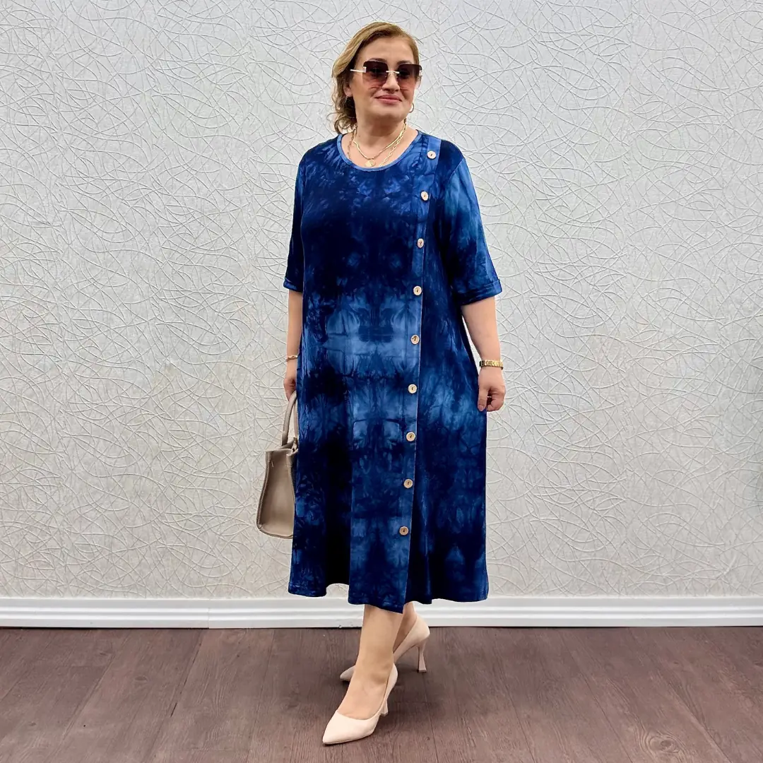 Likralı Penye Yandan Düğmeli Elbise — Lacivert Batik Desen — görsel 3