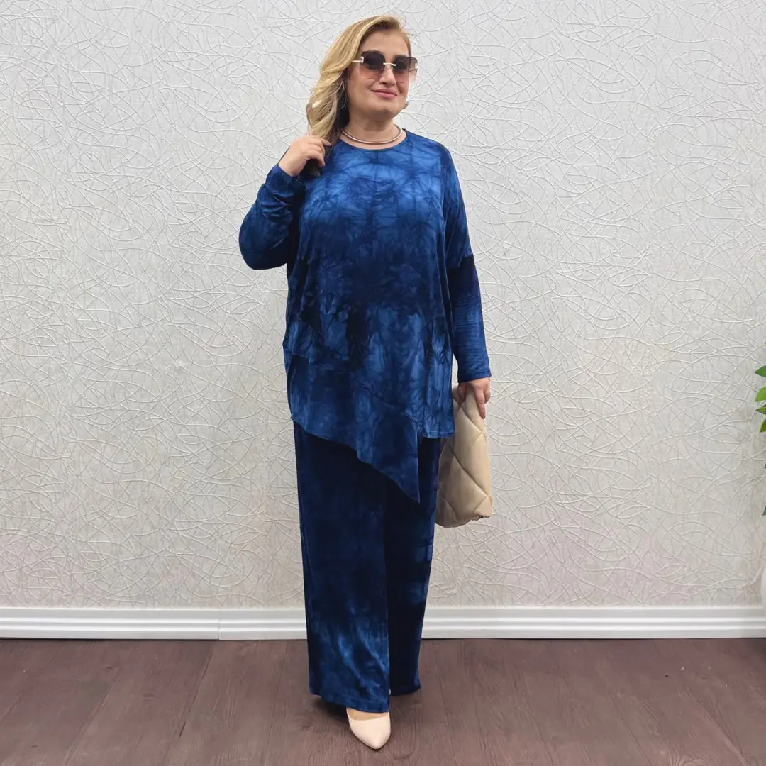 Asimetrik Penye Takım — Lacivert Batik Desen — görsel 2