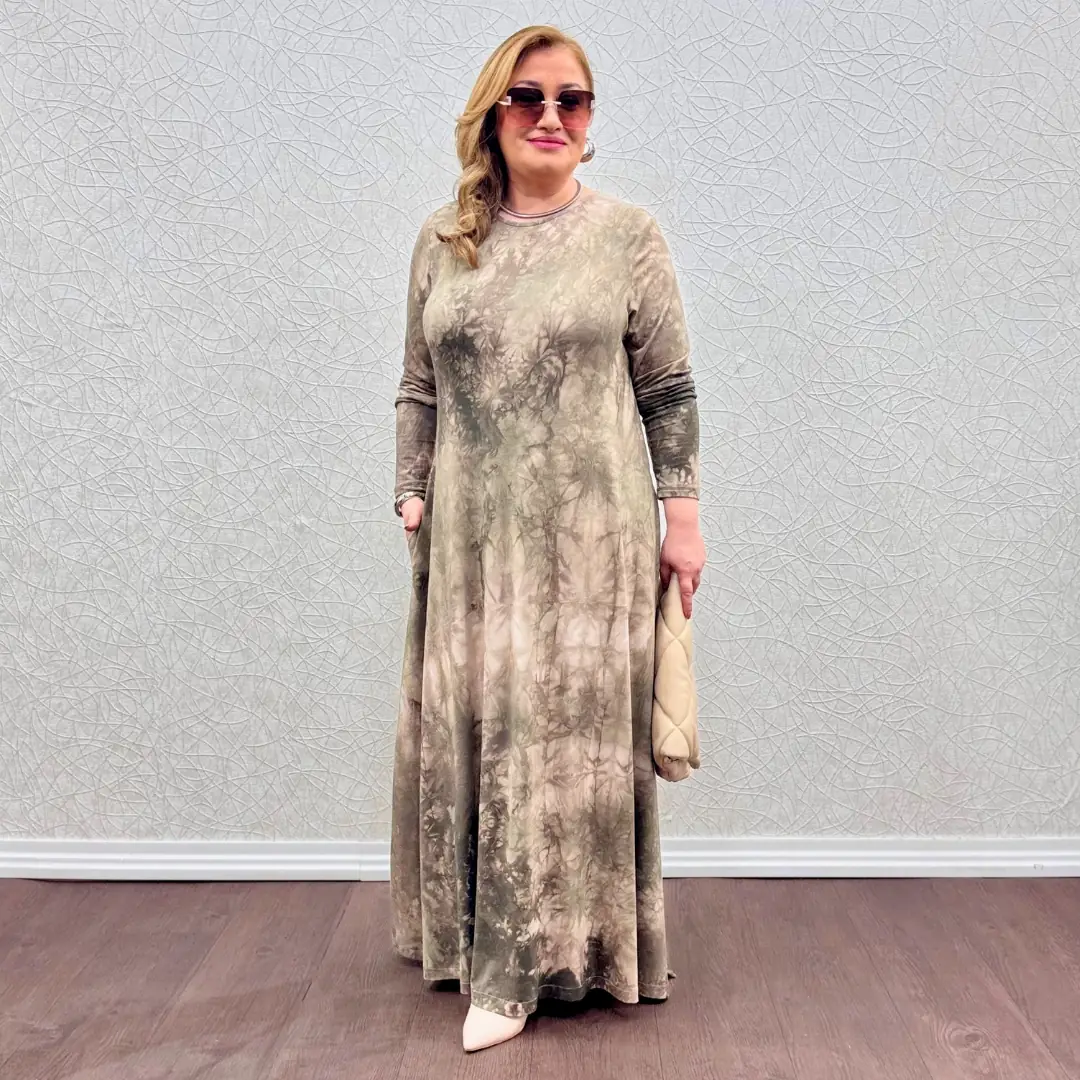 Batik Desen Likralı Tam Boy Elbise — Ekru — görsel 2