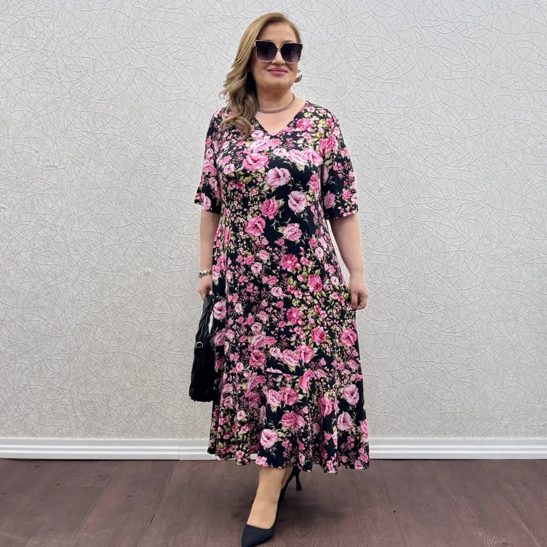 Likralı Volan Etekli Penye Elbise · Pembe Çiçek Desen