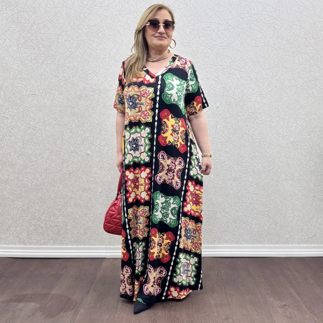 Likralı V Yaka Kısa Kol Tam Boy Elbise · Tablo desen
