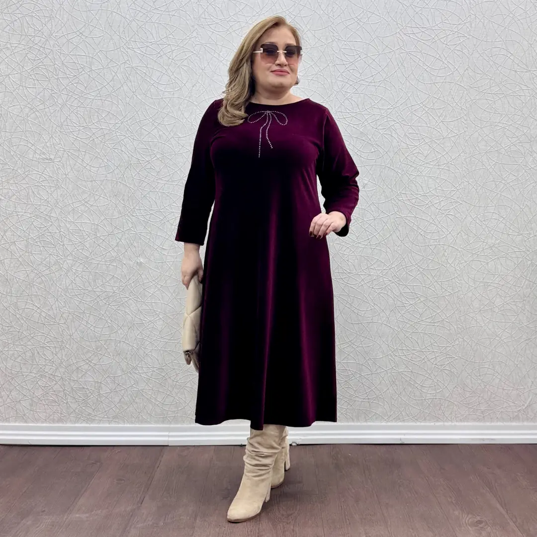 Kadife Elbise — Bordo — görsel 3