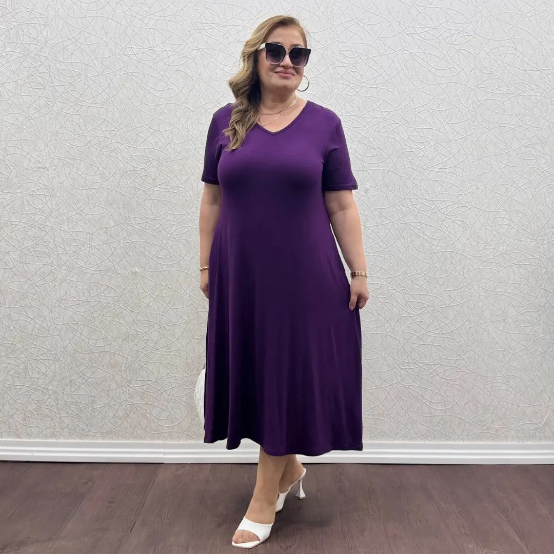 Likralı V yaka Penye Elbise · Eflatun