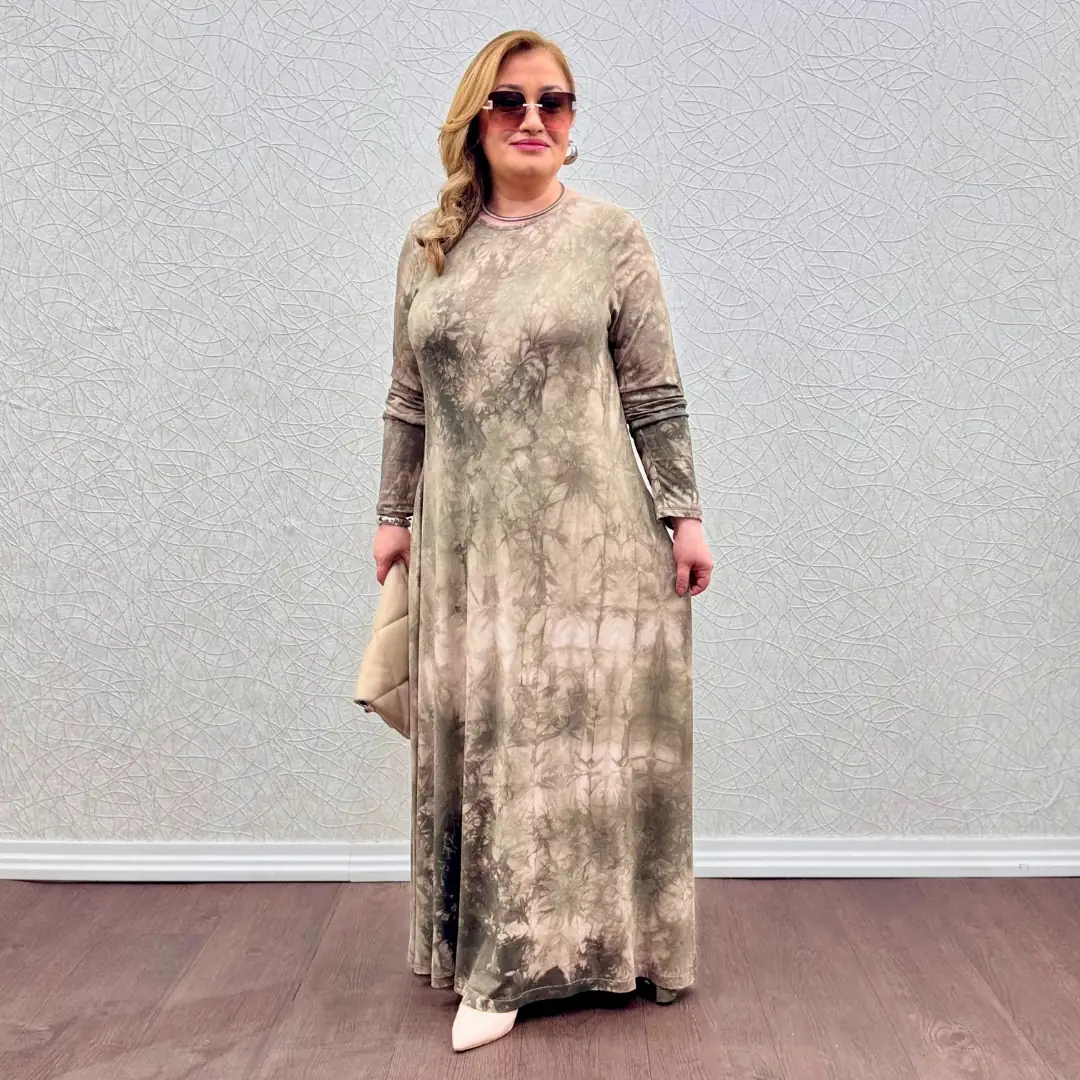Batik Desen Likralı Tam Boy Elbise — Ekru — görsel 1