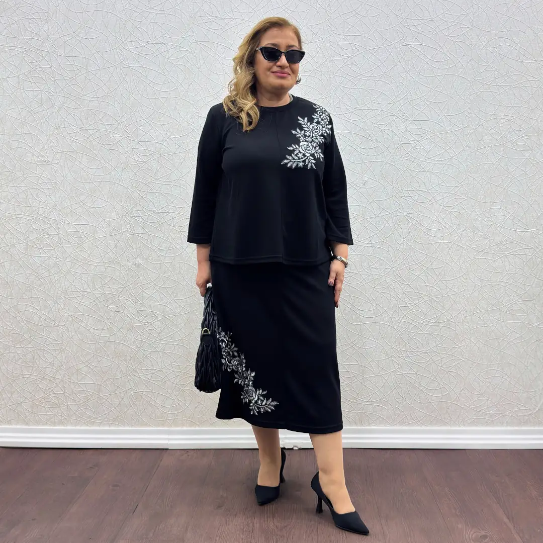Büyük Beden Nakışlı Likralı Etekli İkili Takım