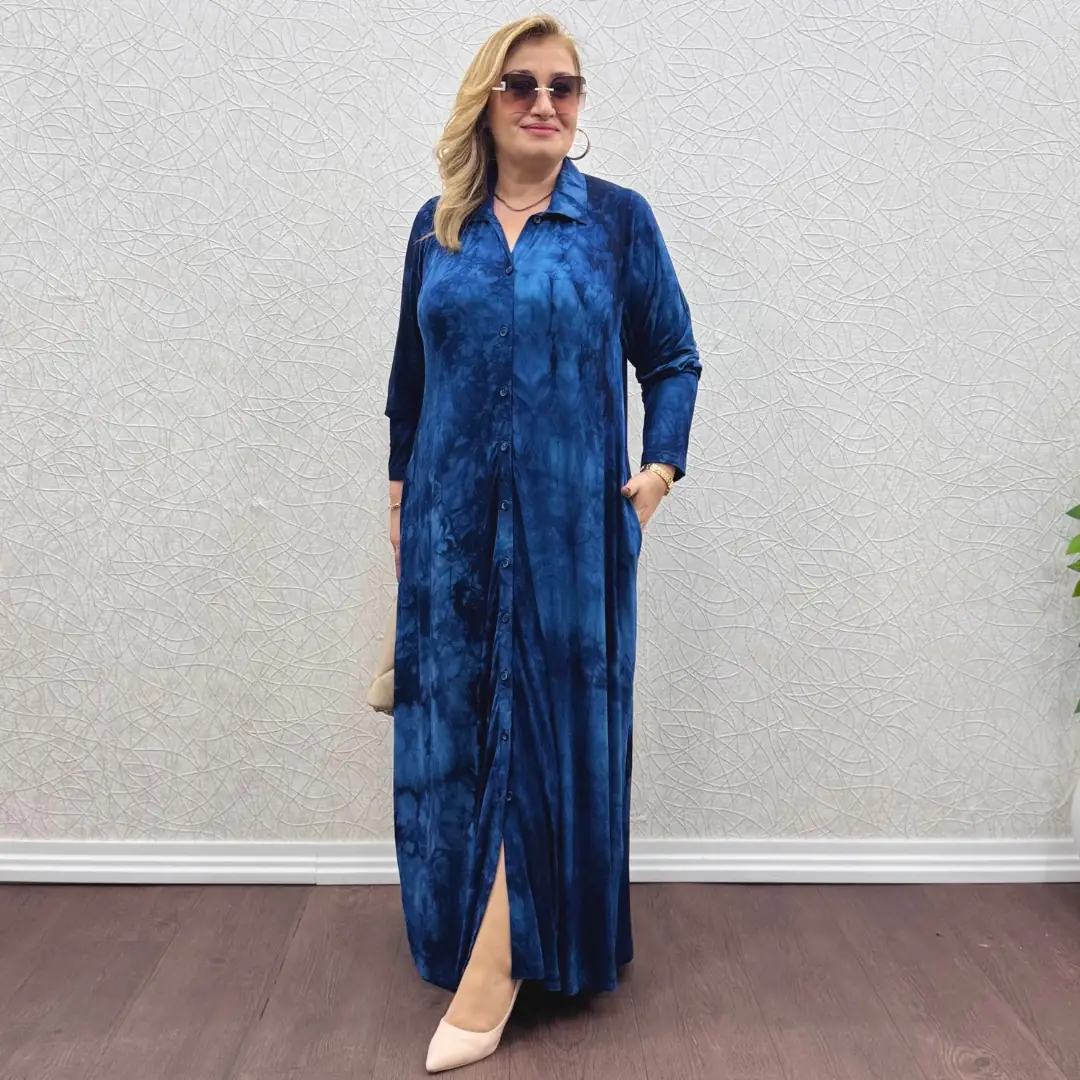 Tam Boy Penye Gömlek Elbise · Lacivert Batik Desen