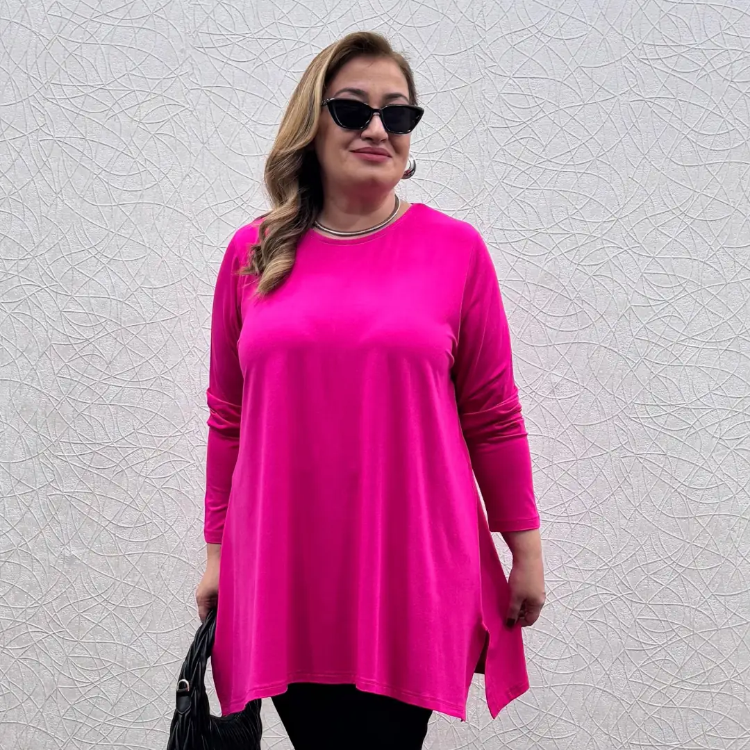 Büyük Beden Likralı Penye Salaş Tunik · Pembe