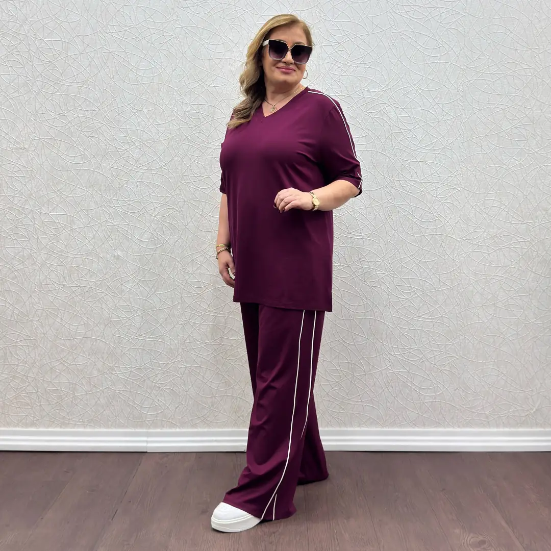 Büyük Beden V Yaka Biye Detaylı Likralı İkili Takım · Mürdüm