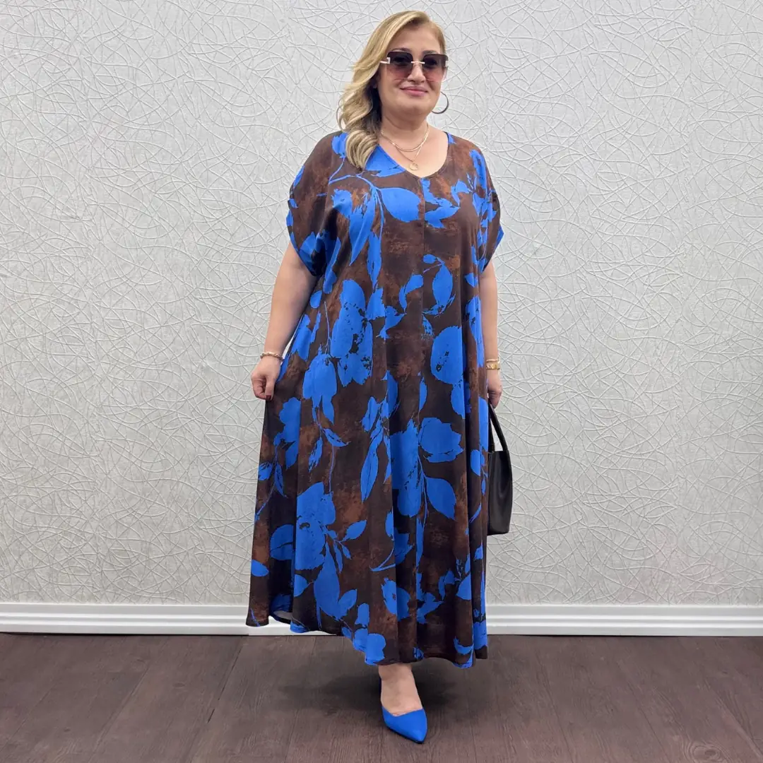 Kolları Büzgülü Elbise · Saks Mavi Çiçek Desen