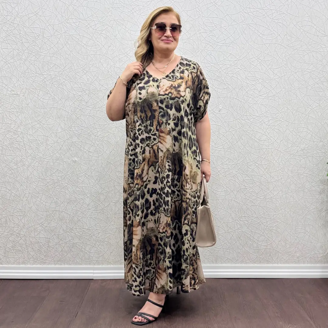 Kolları Büzgülü Elbise · Haki Leopar Desen