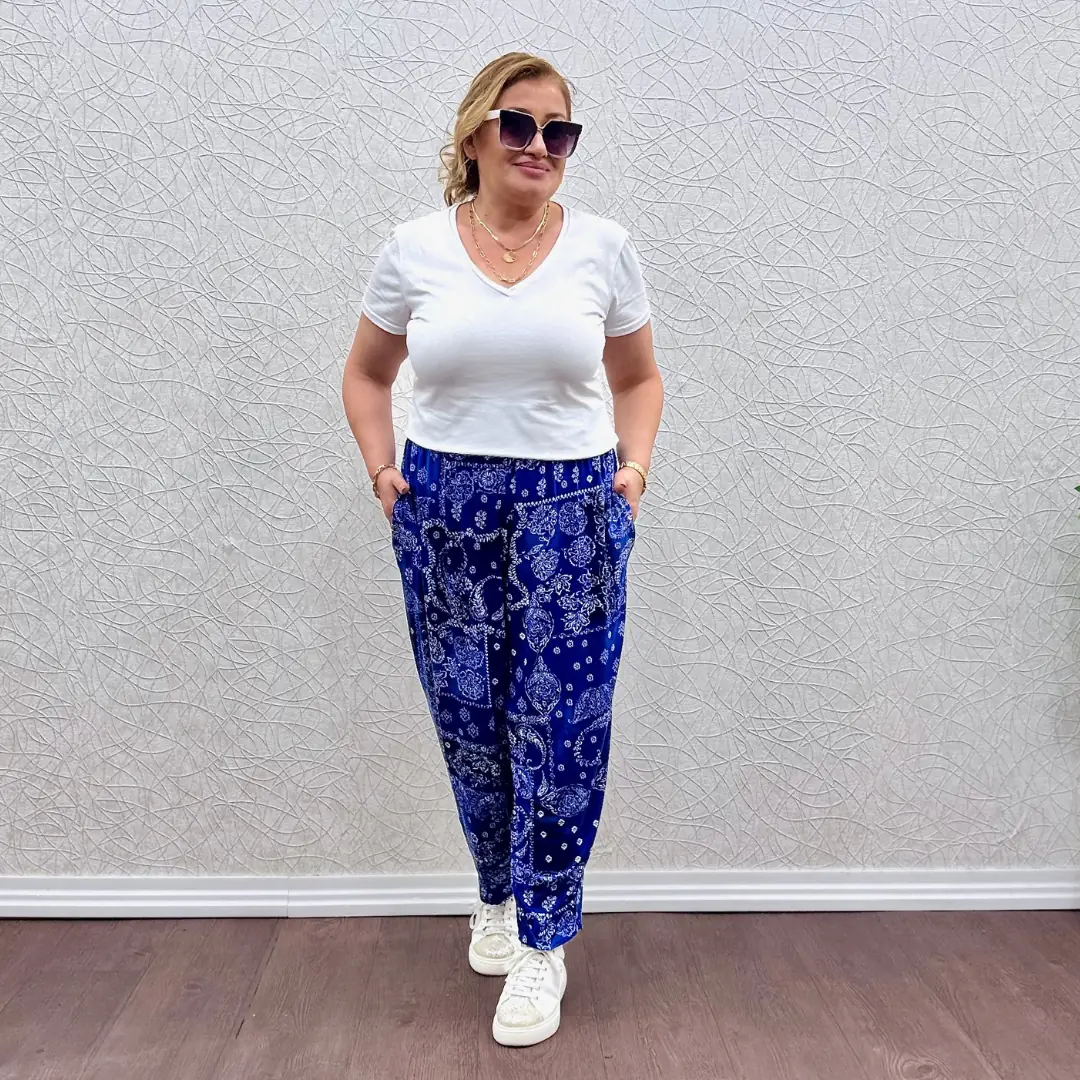 Likralı Penye Şalvar Pantolon · Mavi Şal Desenli