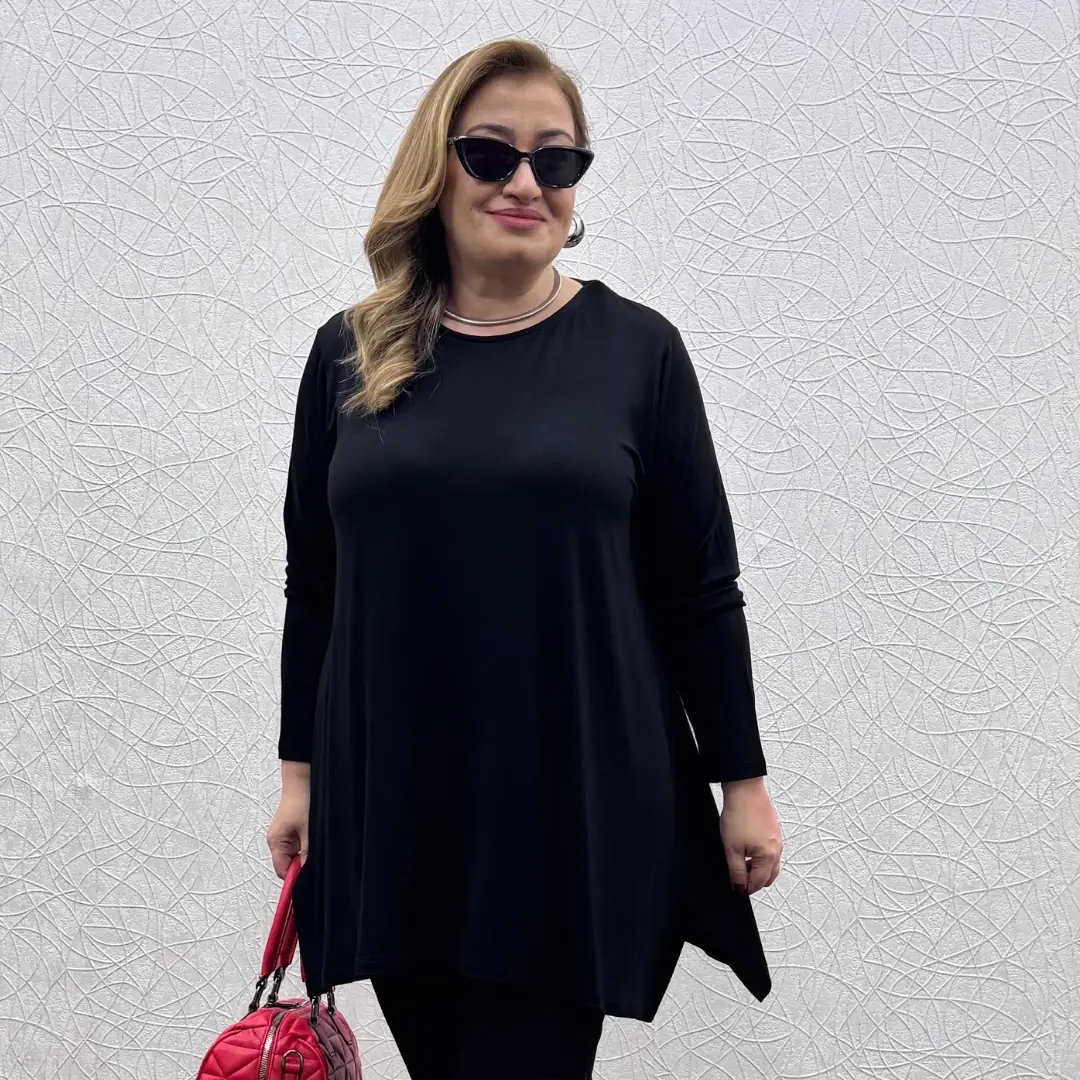 Büyük Beden Likralı Penye Salaş Tunik · Siyah
