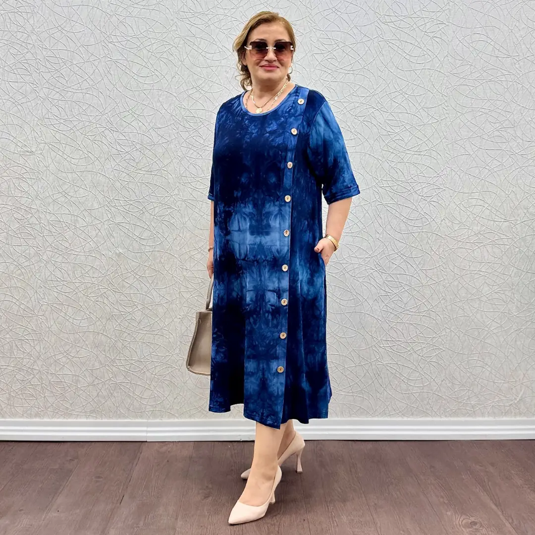 Likralı Penye Yandan Düğmeli Elbise — Lacivert Batik Desen — görsel 1