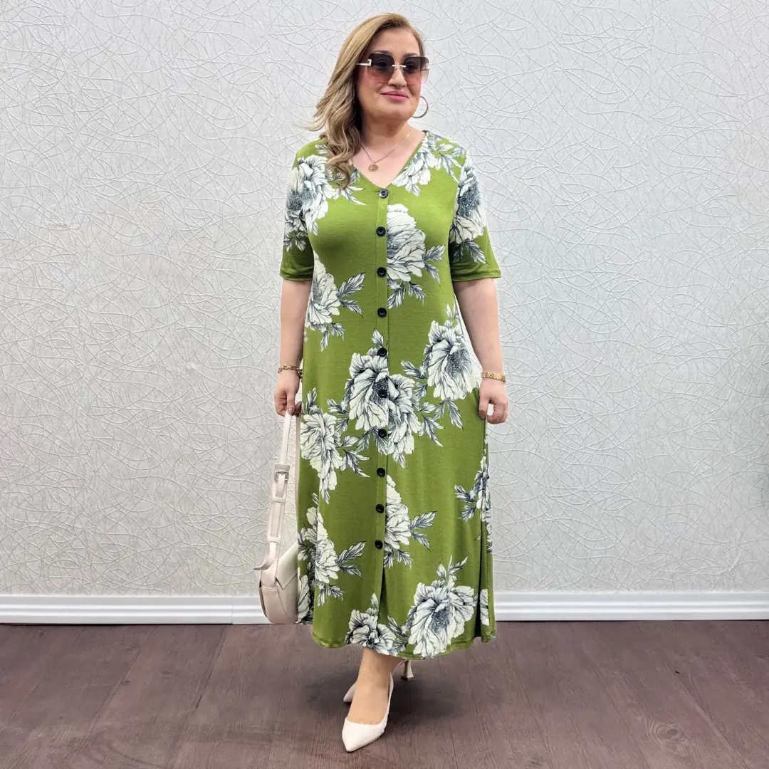 Likralı Düğmeli Penye Elbise · Yağ Yeşili Gül Desen