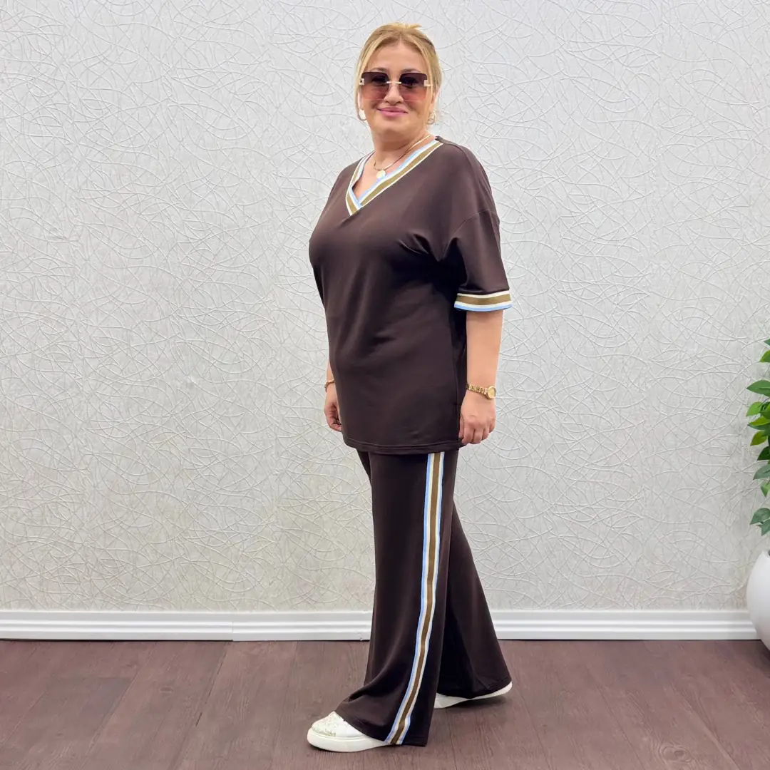 Büyük Beden Likralı Şeritli İkili Takım · Kahverengi