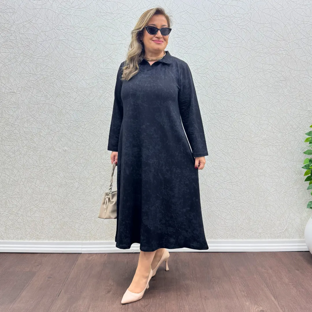 Büyük Beden Likralı Polo Yaka Elbise · Siyah