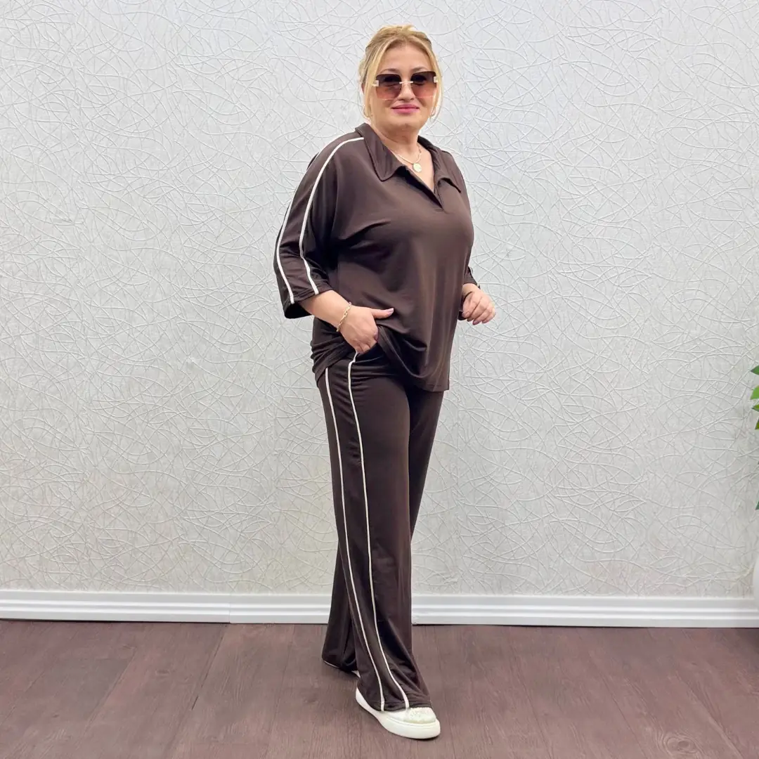 Büyük Beden Likralı Biyeli İkili Takım · Kahverengi