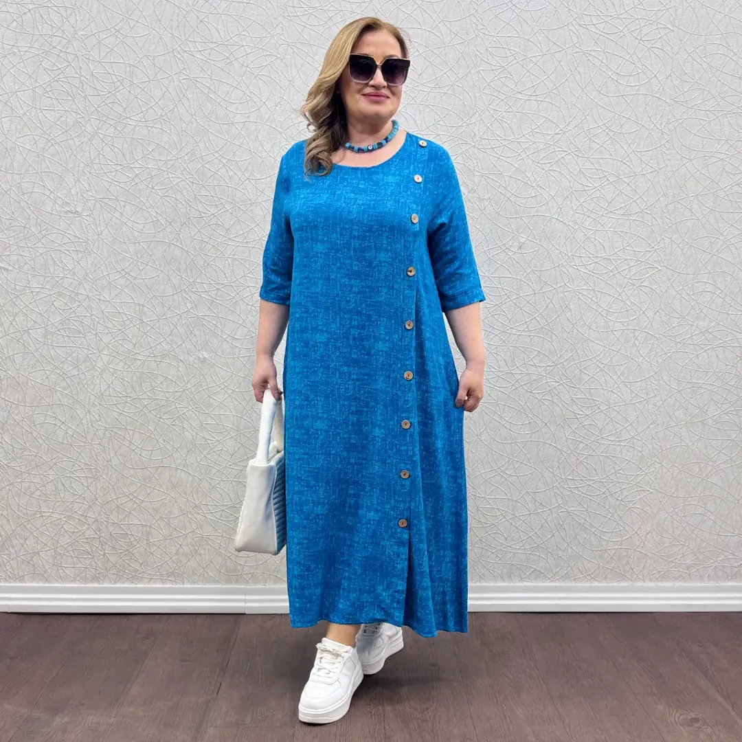 Yandan Düğmeli İthal Keten Elbise · Mavi