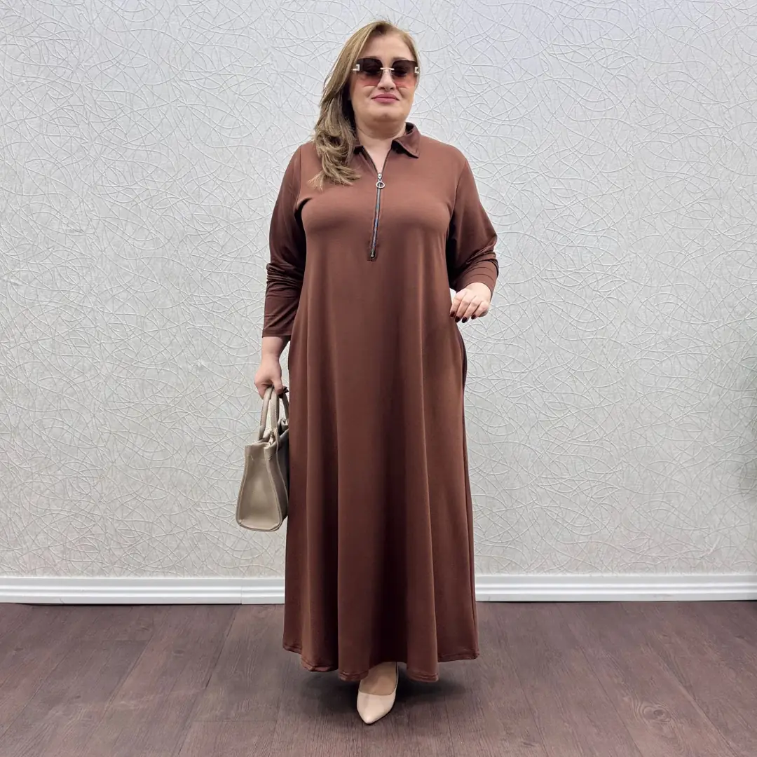 Fermuarlı Tam Boy Elbise — Kahverengi — görsel 3