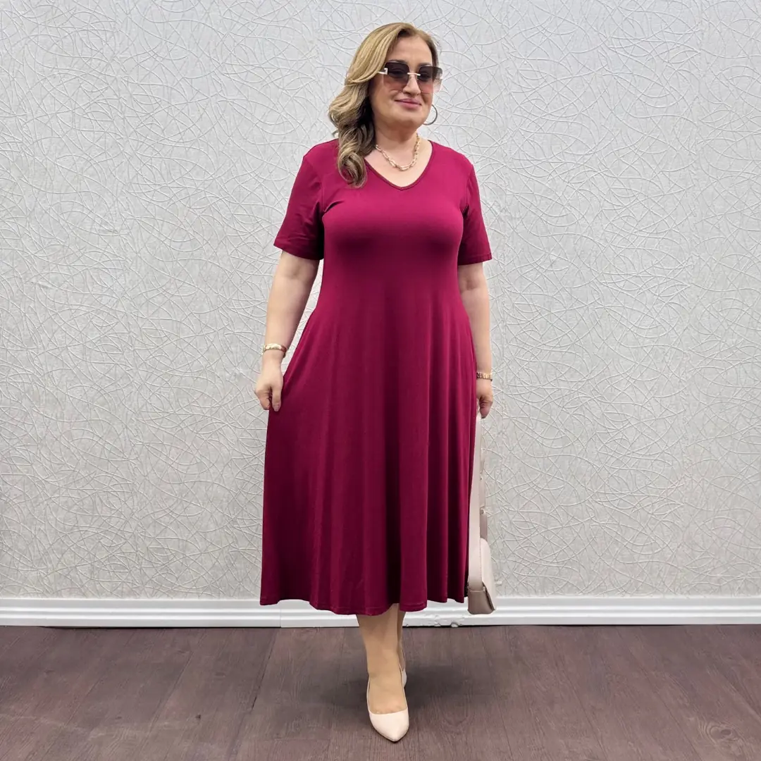 Likralı V yaka Penye Elbise · Bordo