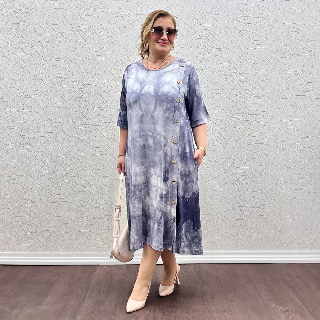 Likralı Penye Yandan Düğmeli Elbise · Gri Batik Desen