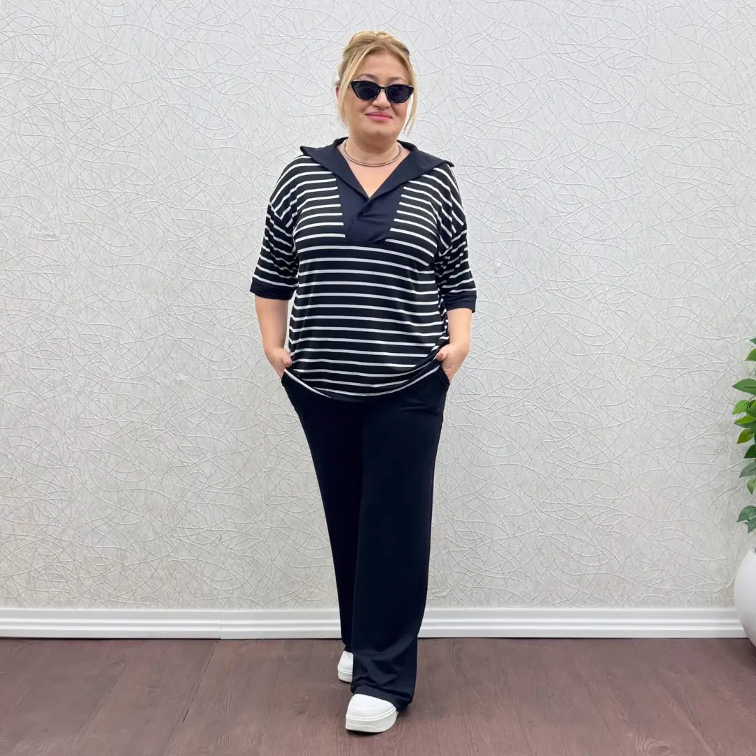 Büyük Beden Likralı Çizgili İkili Takım — Siyah — görsel 2