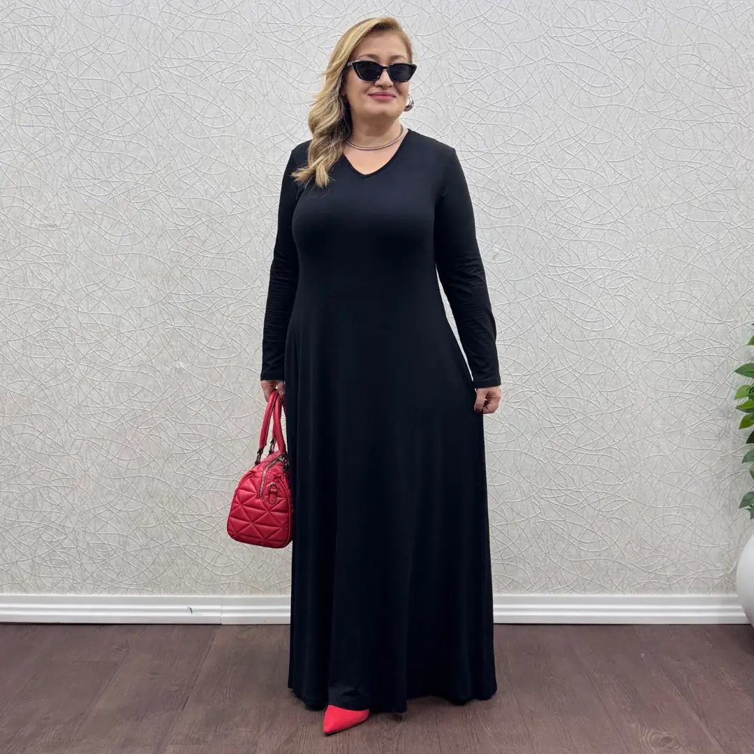 Tesettür V Yaka Penye Elbise · Siyah