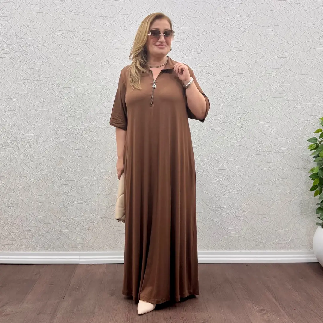 Kısakol Tam Boy Fermuarlı Elbise — Kahverengi — görsel 2