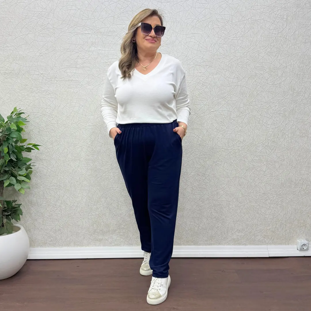 Büyük Beden Likralı Dar Paça Penye Pantolon - Lacivert