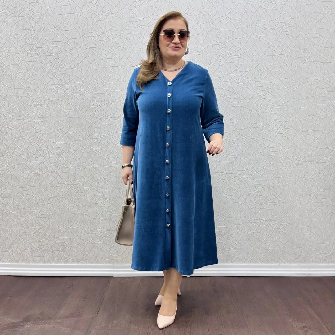 Düğmeli Kadife Elbise · Mavi