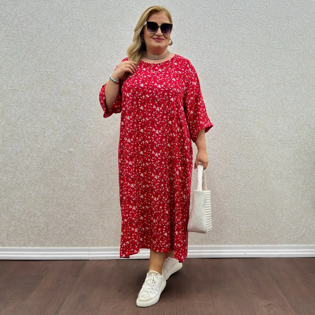 Patlı Büyük Beden Elbise — Kırmızı — görsel 2