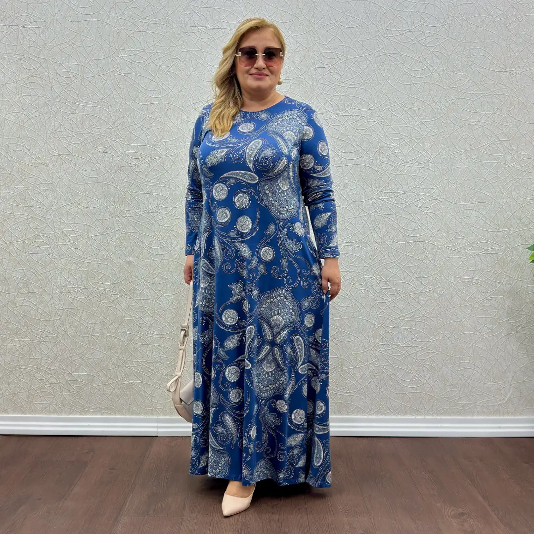 Likralı Tam Boy Elbise · Mavi Şal Desenli
