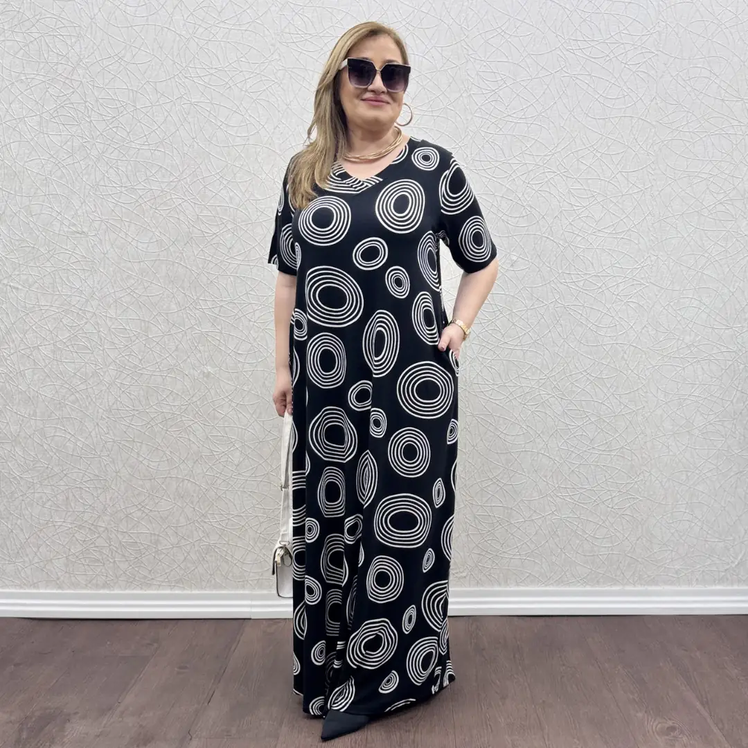 Likralı V Yaka Kısa Kol Tam Boy Elbise — Halka desen — görsel 2