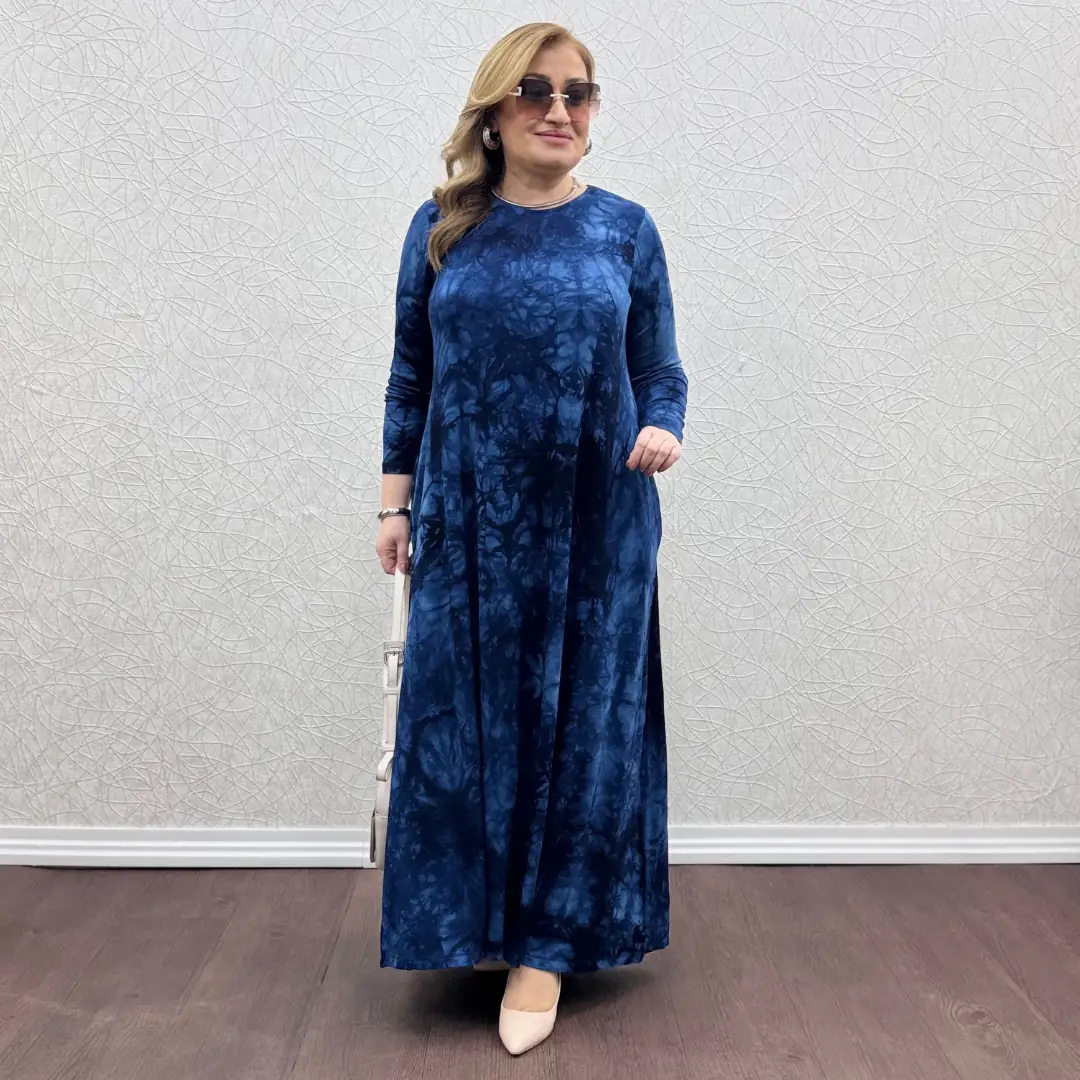 Batik Desen Likralı Tam Boy Elbise · Lacivert