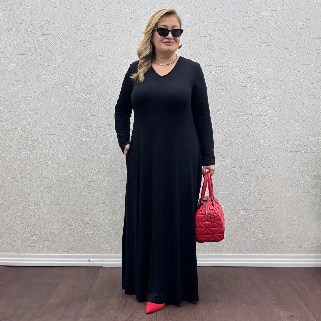 Tesettür V Yaka Penye Elbise — Siyah — görsel 2