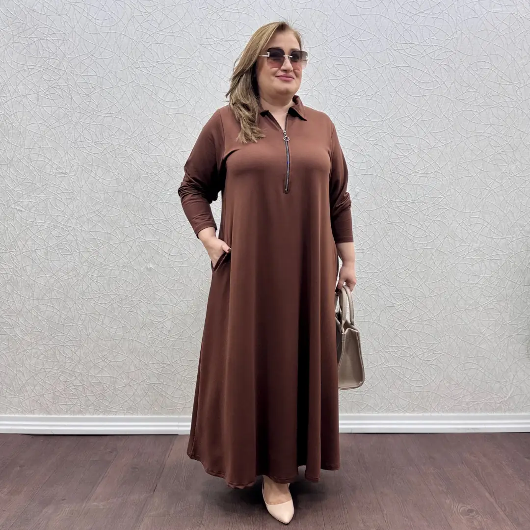 Fermuarlı Tam Boy Elbise — Kahverengi — görsel 2