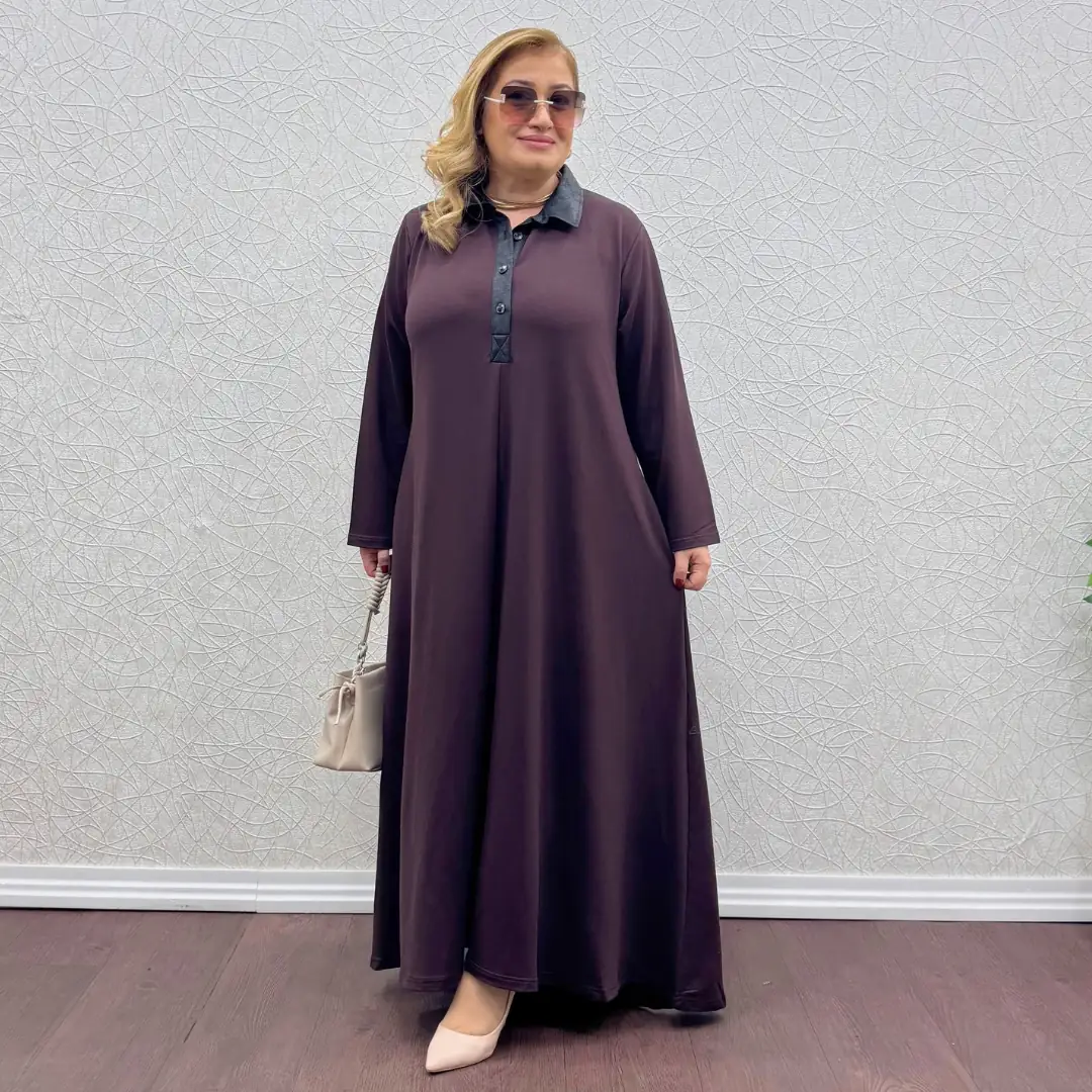 Büyük Beden Likralı Yakalı Tam Boy Elbise — Kahverengi — görsel 2