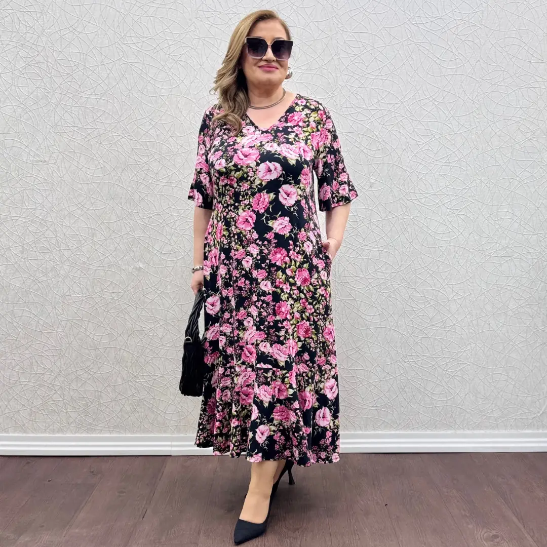 Likralı Volan Etekli Penye Elbise — Pembe Çiçek Desen — görsel 2